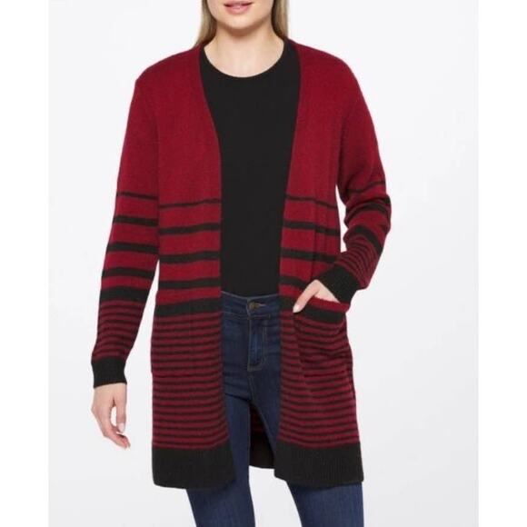 Fortune + Ivy Seamless Stripes Open Cardigan in Red and Black - M - Picture 1 of 5